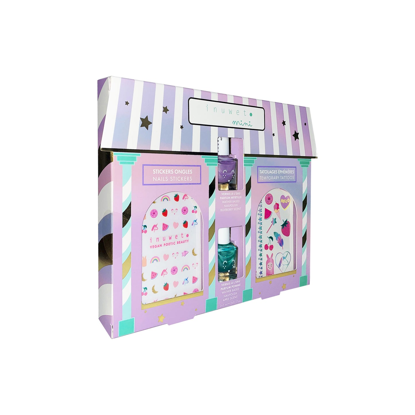 INUWET MY LITTLE BEAUTY HOUSE: strass - temporary tattoo - blueberry and apple waterbased nail polishes