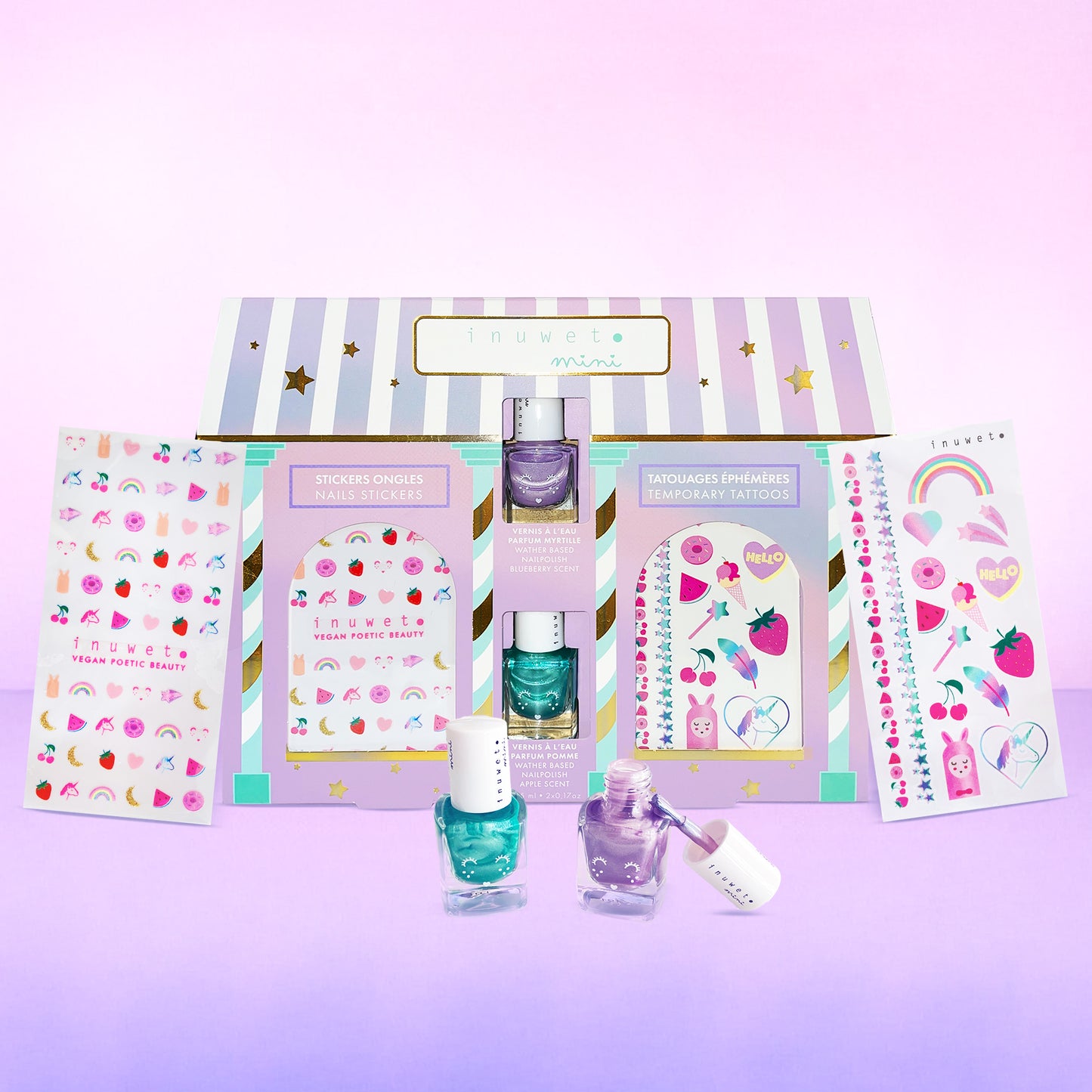 INUWET MY LITTLE BEAUTY HOUSE: strass - temporary tattoo - blueberry and apple waterbased nail polishes