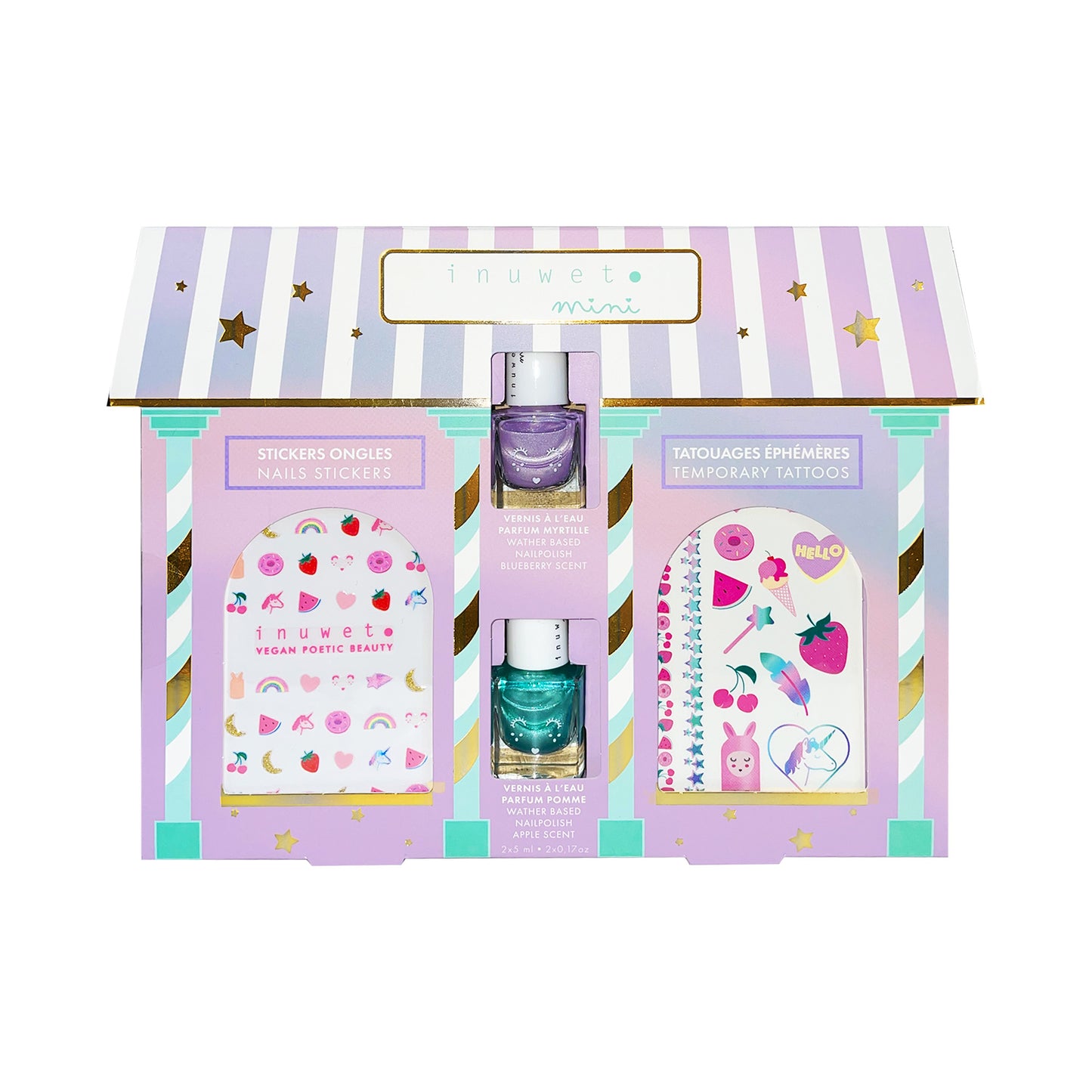 INUWET MY LITTLE BEAUTY HOUSE: strass - temporary tattoo - blueberry and apple waterbased nail polishes