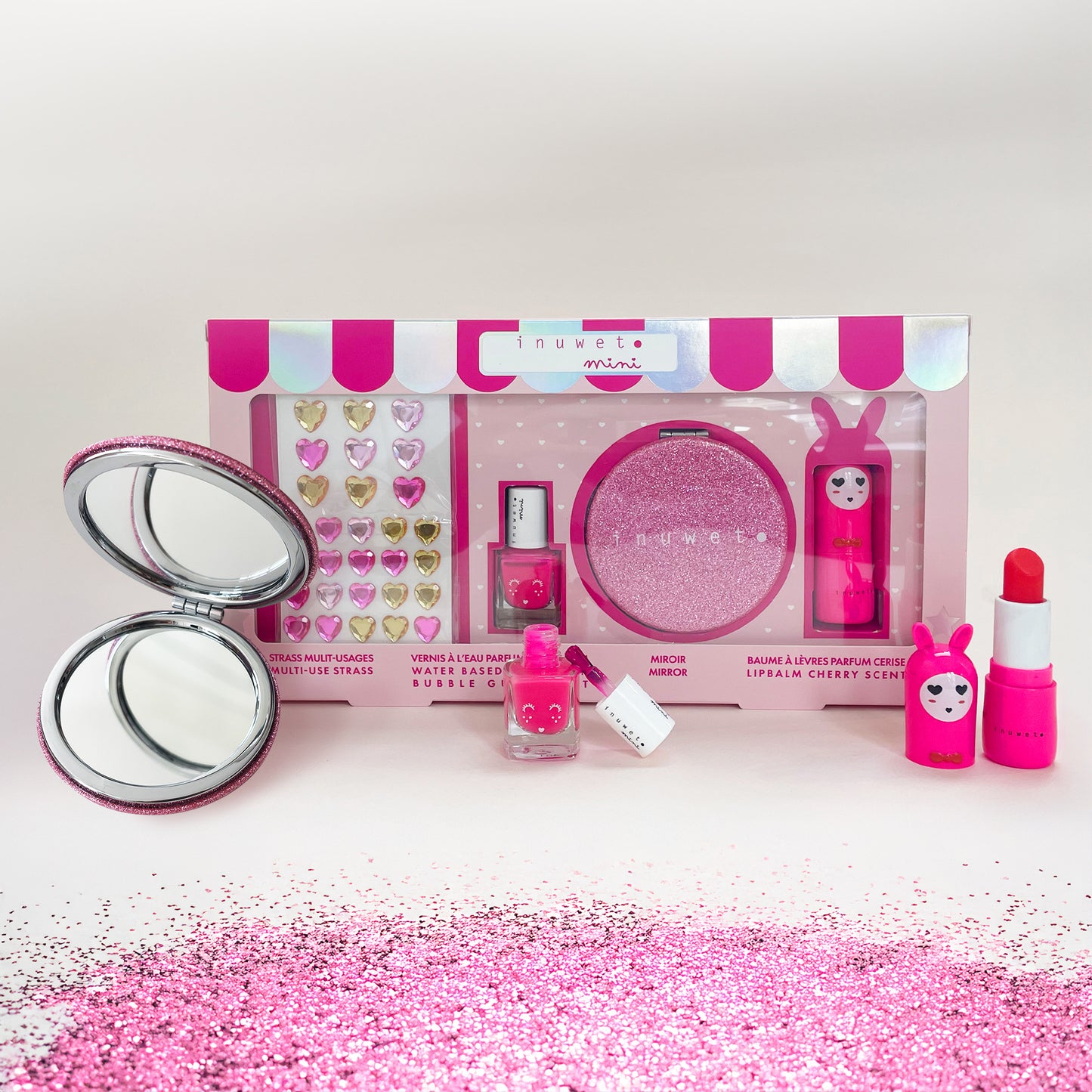 INUWET GLITTER GIRL PINK KIDS SET multipurpose rhinestones cherry lip balm glitter mirror nailpolish