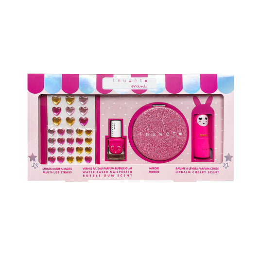INUWET GLITTER GIRL PINK KIDS SET multipurpose rhinestones cherry lip balm glitter mirror nailpolish