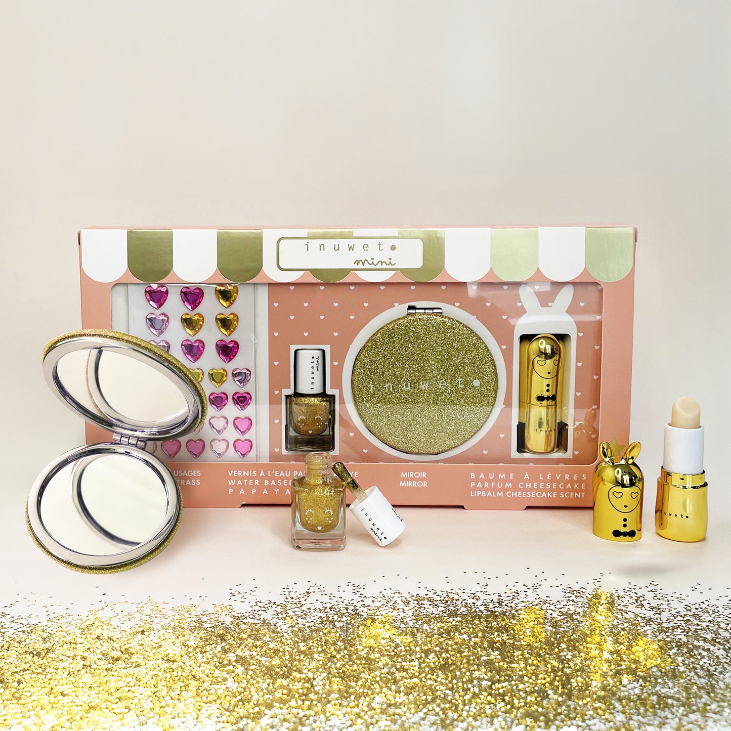 INUWET GLITTER GIRL GOLD KIDS SET multipurpose rhinestones gold lip balm glitter mirror nailpolish