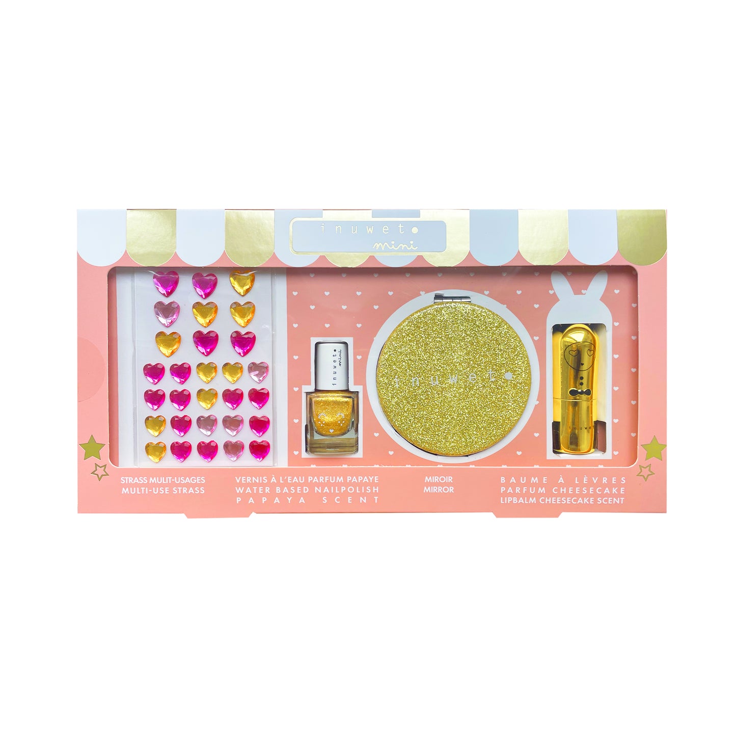 INUWET GLITTER GIRL GOLD KIDS SET multipurpose rhinestones gold lip balm glitter mirror nailpolish