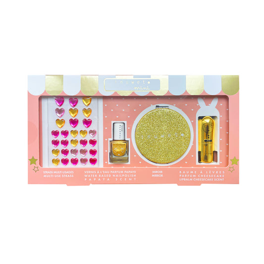 INUWET GLITTER GIRL GOLD KIDS SET multipurpose rhinestones gold lip balm glitter mirror nailpolish